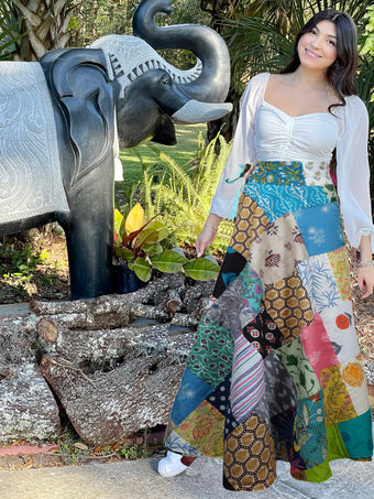 Women Summer Sky Blue Patchwork Boho Wrap Around Skirt